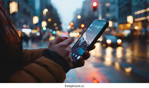 Close Up of a Person Using a Smartphone on a City Street at Night