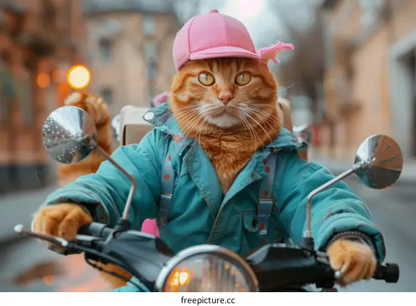 Cat in a pink hat riding a motorcycle