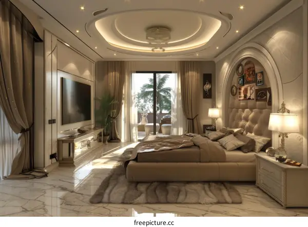 Modern Luxury Bedroom Interior Design With Beige Bed And White Marble Floor