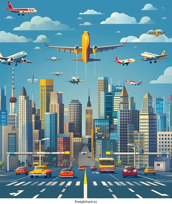 Cityscape with Multiple Airplanes Flying Over