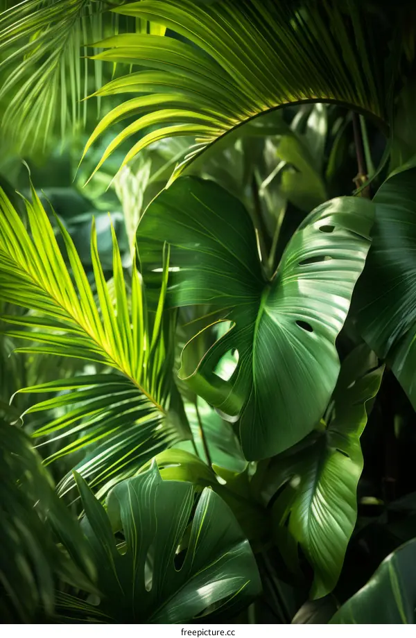 Close-up of lush green tropical leaves