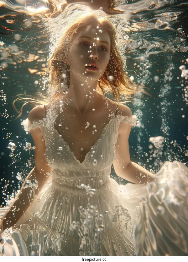 Woman in White Dress Floating Underwater