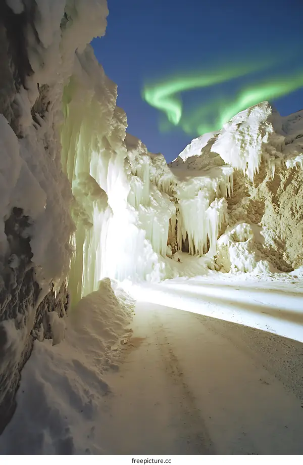 Snowy Landscape with Ice Formations and Aurora Borealis