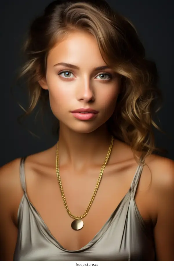 Portrait of a beautiful young woman with long brown hair and green eyes wearing a gold necklace