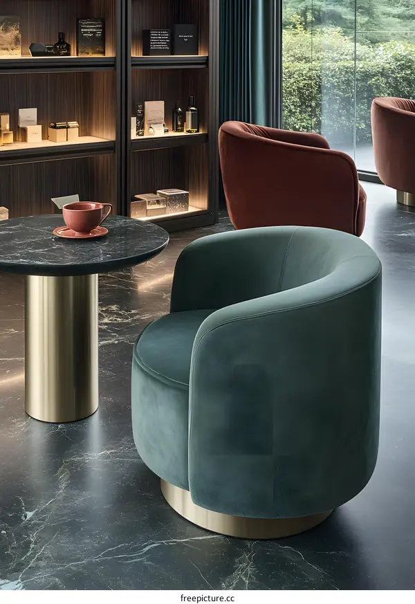 Green Velvet Chair with Marble Table and Brass Base in a Modern Interior Design