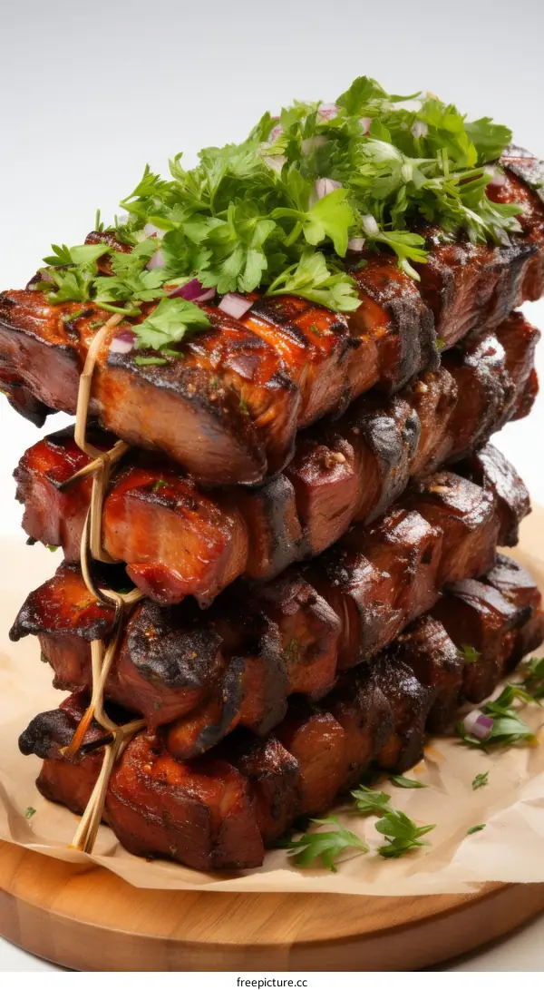 Pork belly burnt ends with parsley and onion garnish