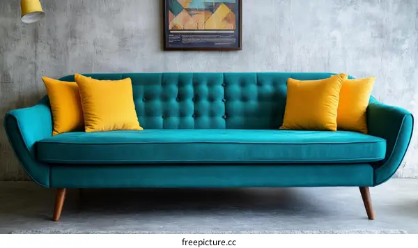 Teal Velvet Sofa with Mustard Yellow Pillows