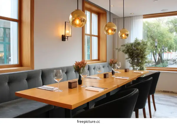 Restaurant Interior with Wooden Tables and Grey Seating