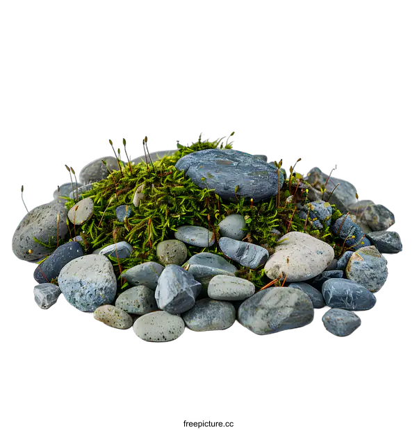 [Transparent Background PNG]Green Moss and Grey Stones on White Background