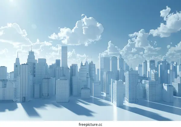 3D Rendered Cityscape with Skyscrapers and Clouds