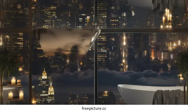 Bathroom with a view of the night city