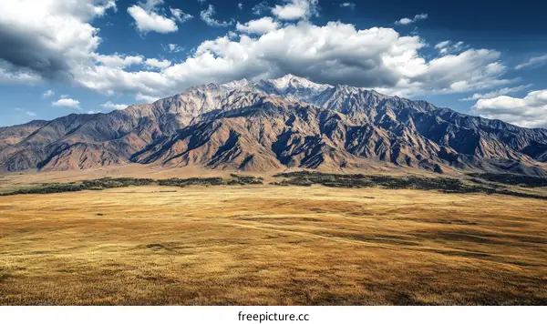 Majestic Mountain Range Over Golden Plains