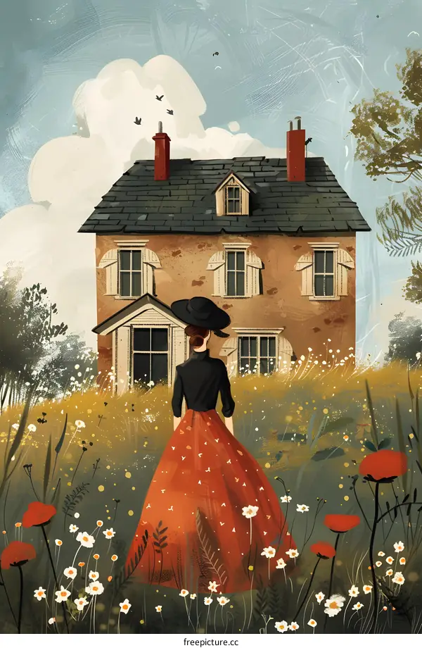 woman in red dress standing in front of a house
