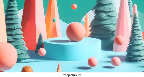 Abstract 3D Illustration of a Winter Wonderland Scene with Geometric Shapes and Pastel Colors