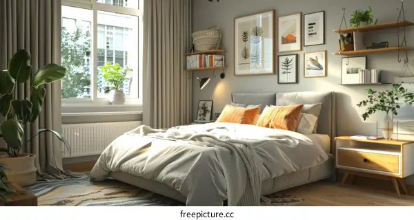 Cozy Bedroom with Large Bed, Plants, and Gray Walls