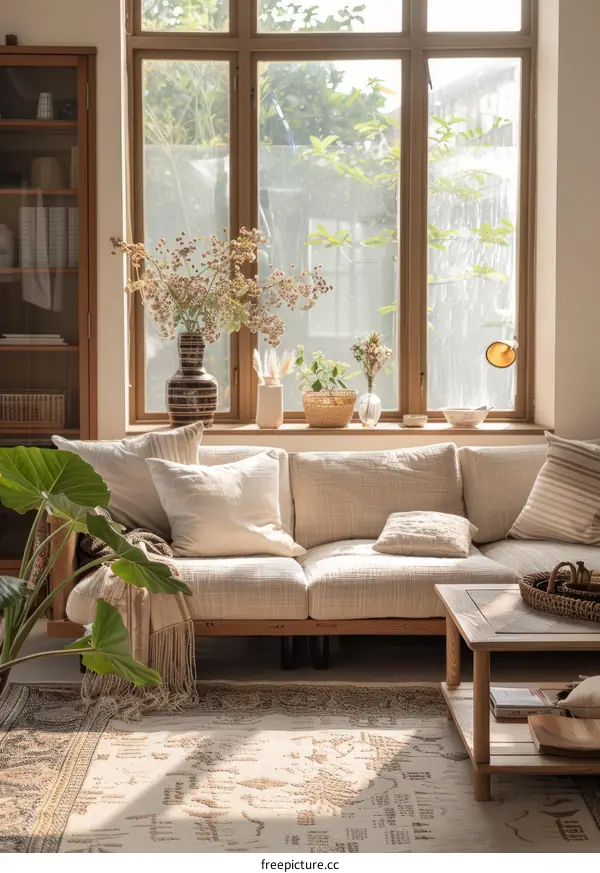 Airy and bright living room with large windows and a comfortable sofa