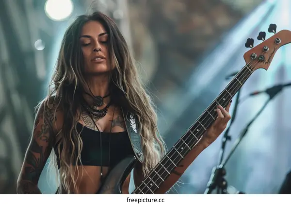 A woman playing bass guitar on stage