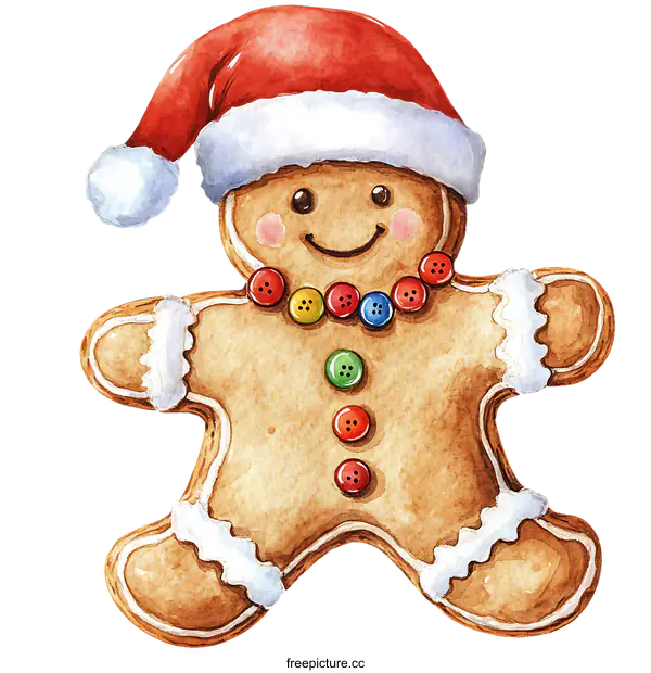 [Transparent Background PNG]Adorable Watercolor Gingerbread Man with Santa Hat