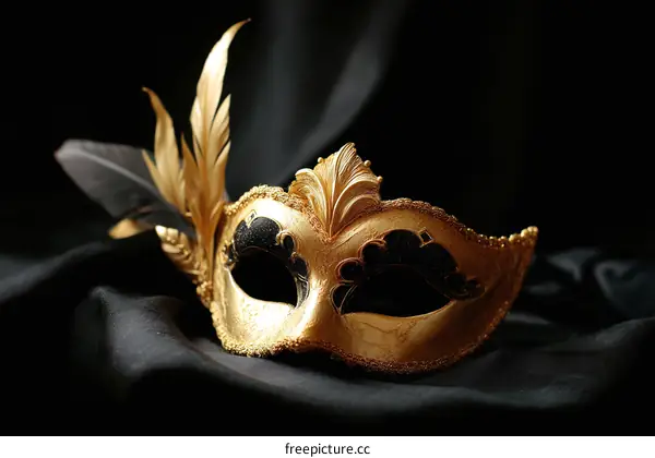 Golden Venetian Mask on Black Fabric