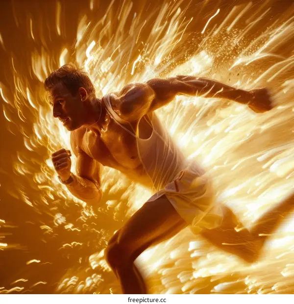 Male runner wearing white singlet and shorts, running fast with flames surrounding him
