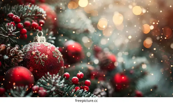 Red Ornaments on Christmas Tree with Snow