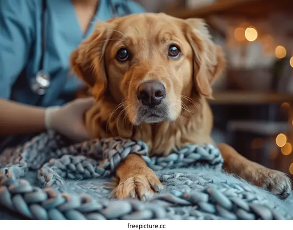Golden Retriever Getting Examined Closely by Vet