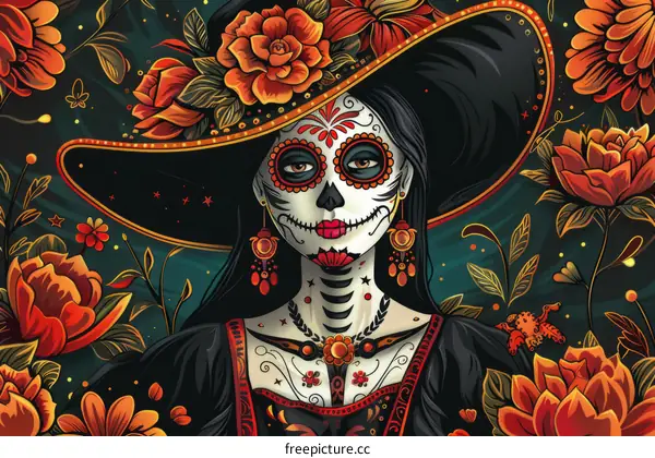 Day of the Dead: Woman with Skull Face and Vibrant Flowers