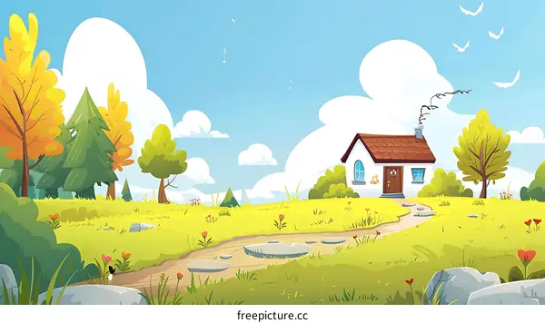 Cute Cartoon House In Green Field With Blue Sky
