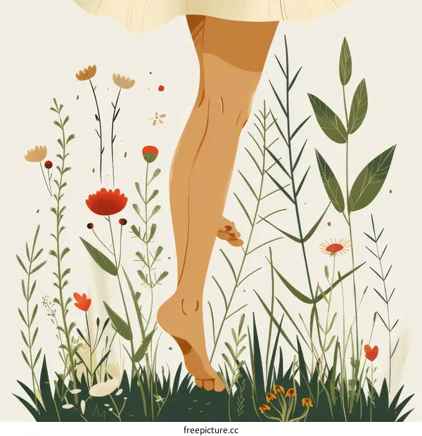 girl walking barefoot through a field of flowers
