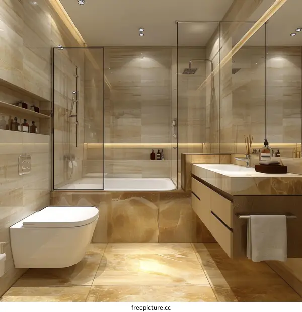 Modern Bathroom Interior Design with Marble Tiles and Gold Accents