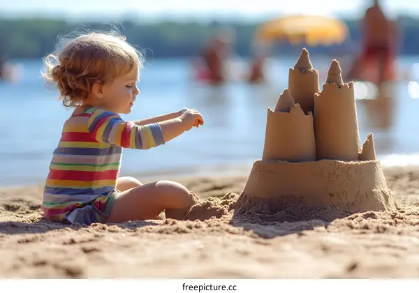 Little Girl Builds Sandcastle on Beach