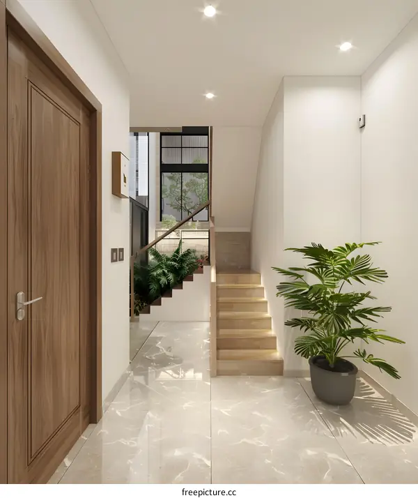 Modern Interior Design With Wooden Stairs And Marble Flooring