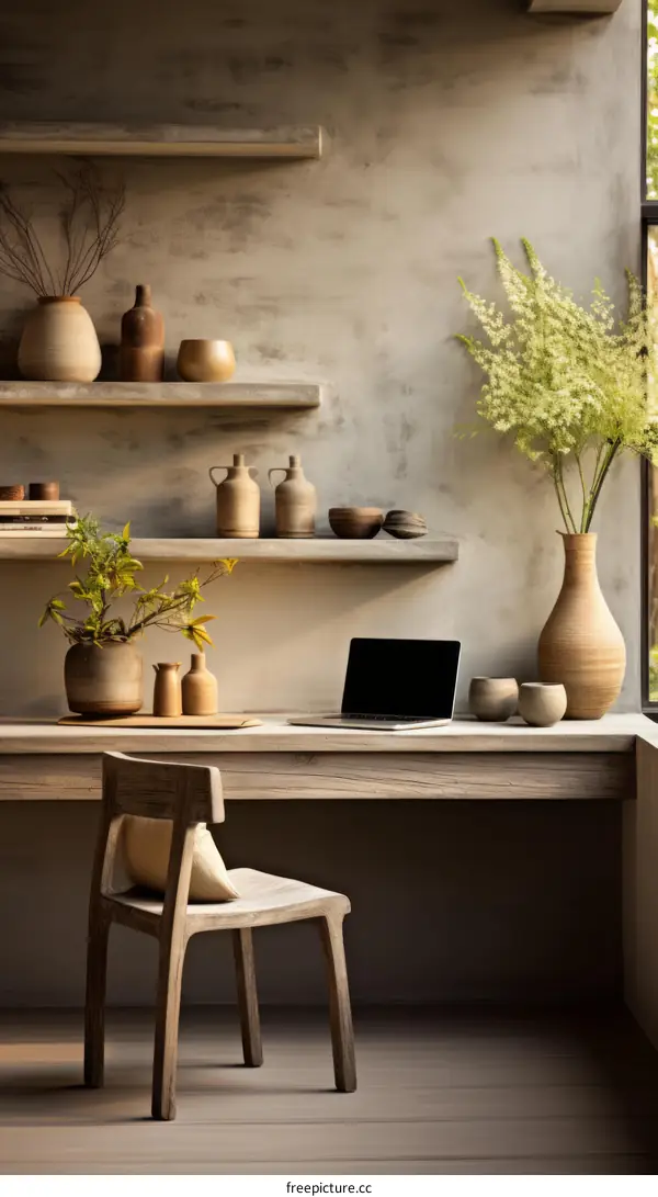 Minimalist Home Office Desk with Laptop and Flowers
