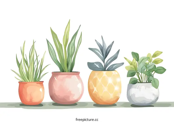 Watercolor Illustration of Potted Plants