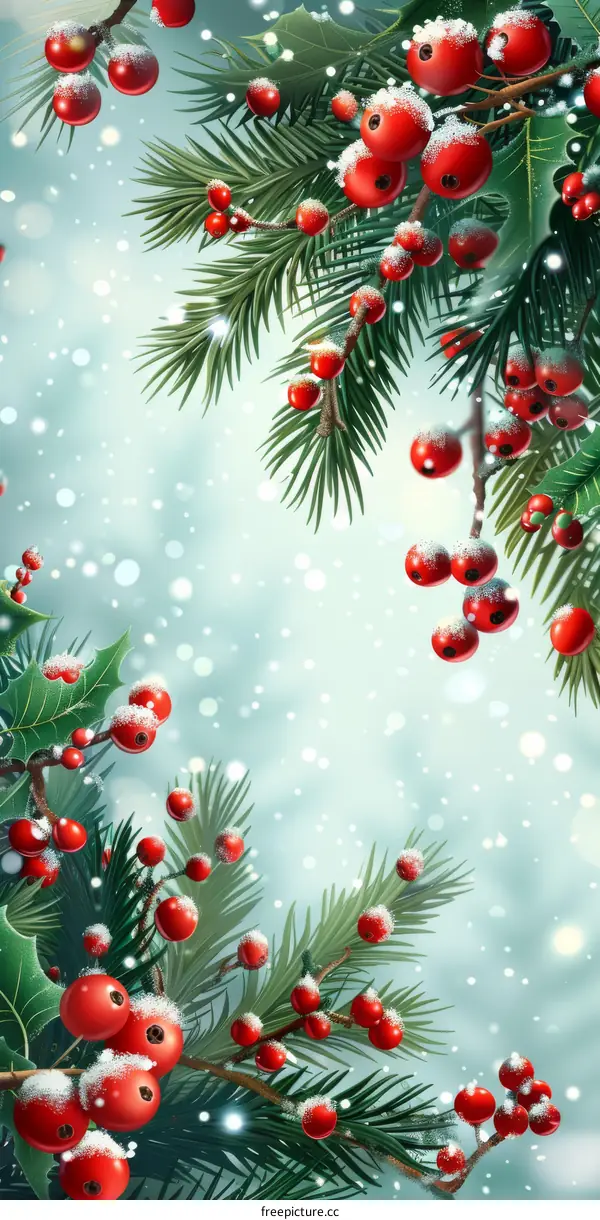 Festive Christmas Decor With Red, Green, Berries, and Pine