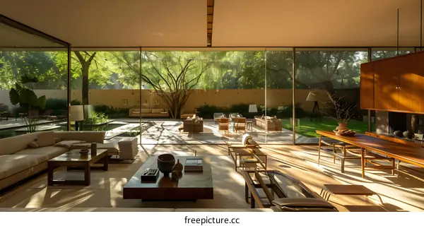 Modern Minimalist Home Interior Design With Large Windows And A View Of The Backyard