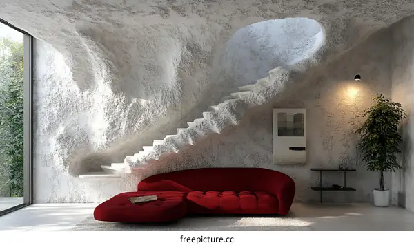Modern Cave-Like Living Room Design with Red Sofa