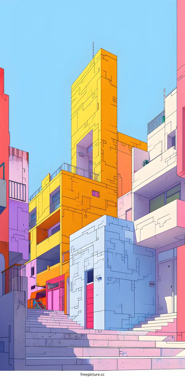 Colorful Geometric Illustration of Buildings in a City