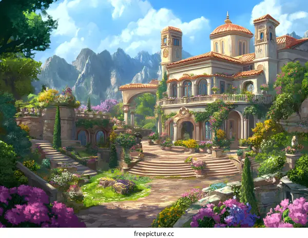 Beautiful Villa Garden With Mountains In The Background