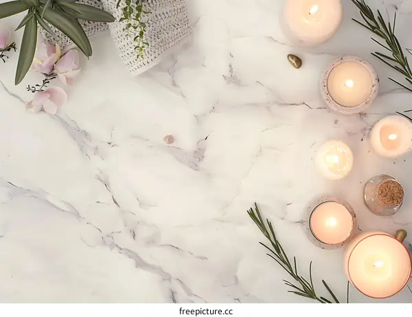 White Marble Background with Candles and Flowers
