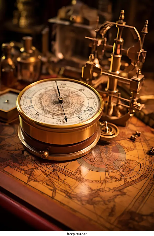 ornate vintage brass astrolabe with world map and golden hour markers