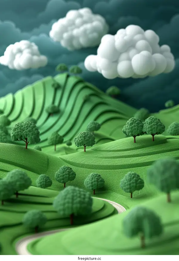 Stylized Landscape with Fluffy Clouds