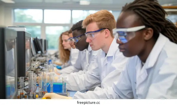 Multi-ethnic group of scientists working in a lab