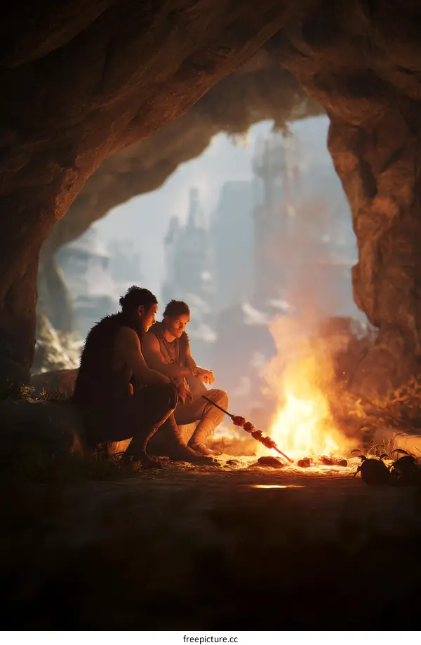 Two Prehistoric People Near a Campfire