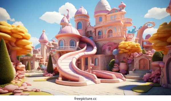 A whimsical digital painting of a pink and yellow candyland castle with a slide