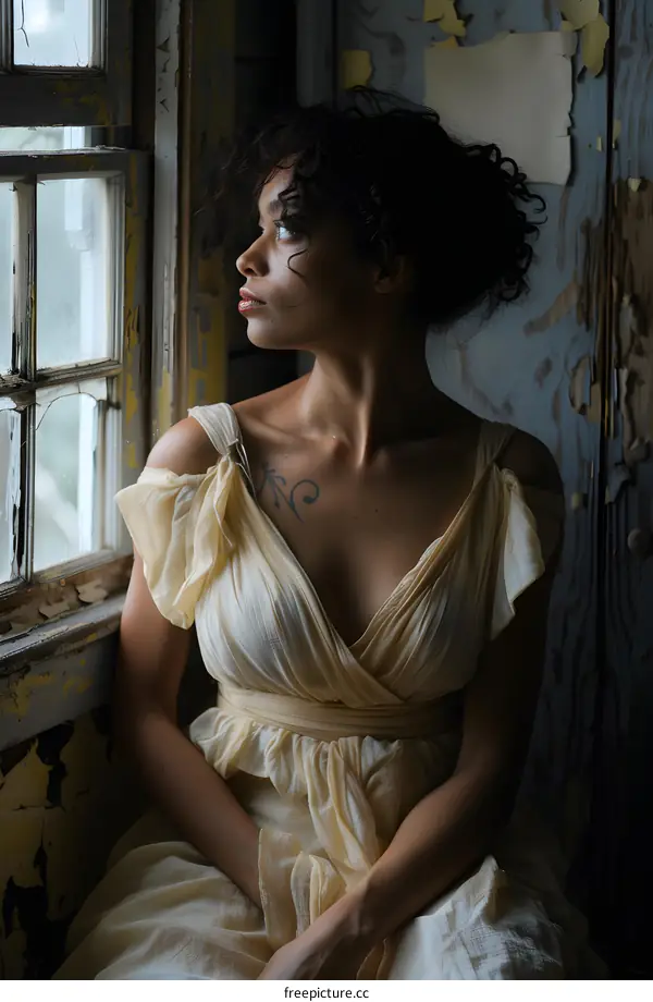 portrait of a beautiful woman with curly hair sitting by the window