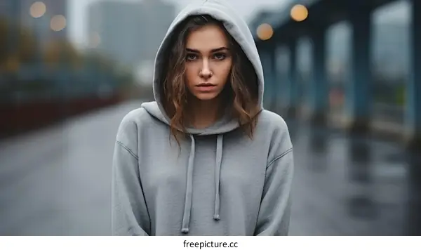 Portrait of a young woman in a gray hoodie looking at the camera with a serious expression