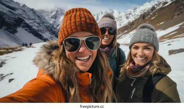 Three happy women friends hiking in snowy mountains taking selfie