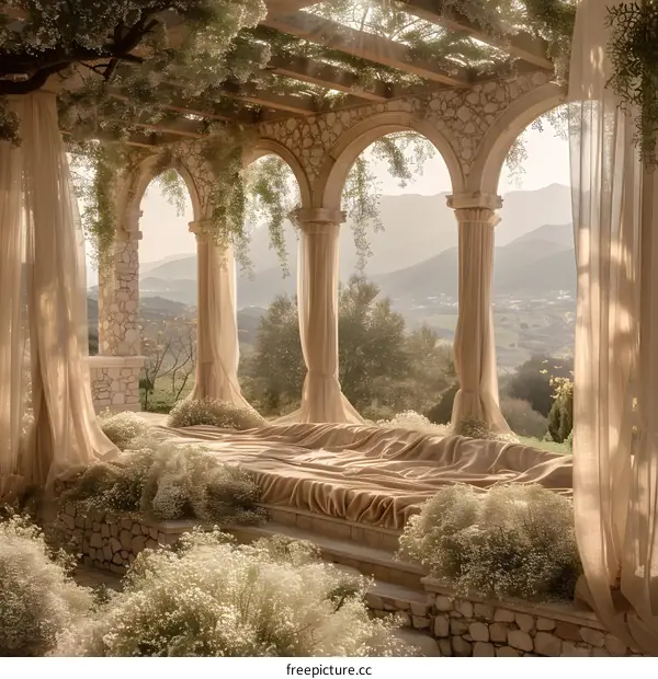 Stone Archway Garden with View of Mountain