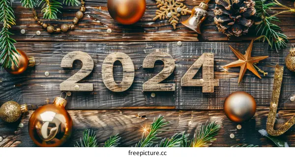 Wooden 2024 sign with Christmas decorations